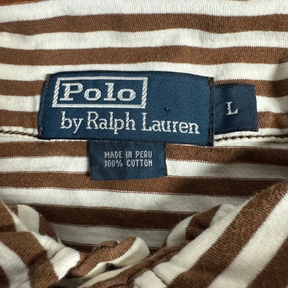 Polo Ralph Lauren Mens Large Brown White Striped Cotton Pocket Polo Shirt L
